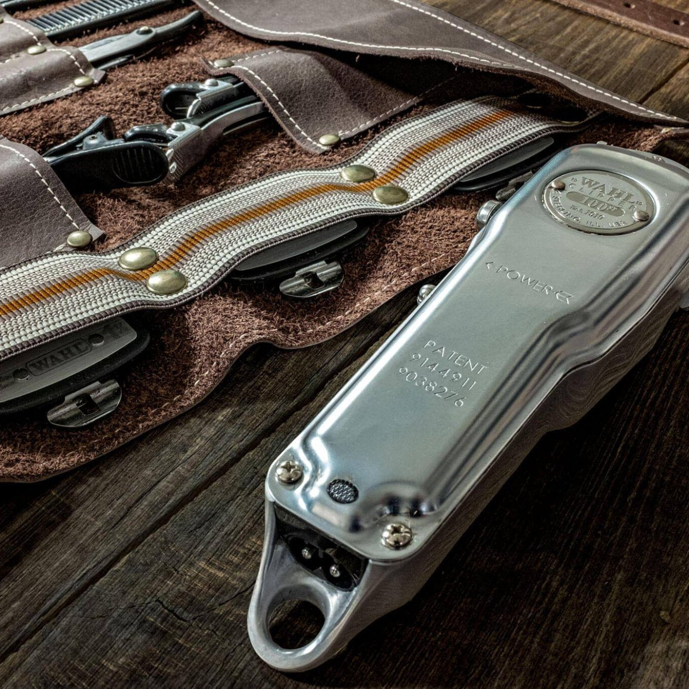 close up wahl Duke and Sons Professional barber tool roll in brown leather