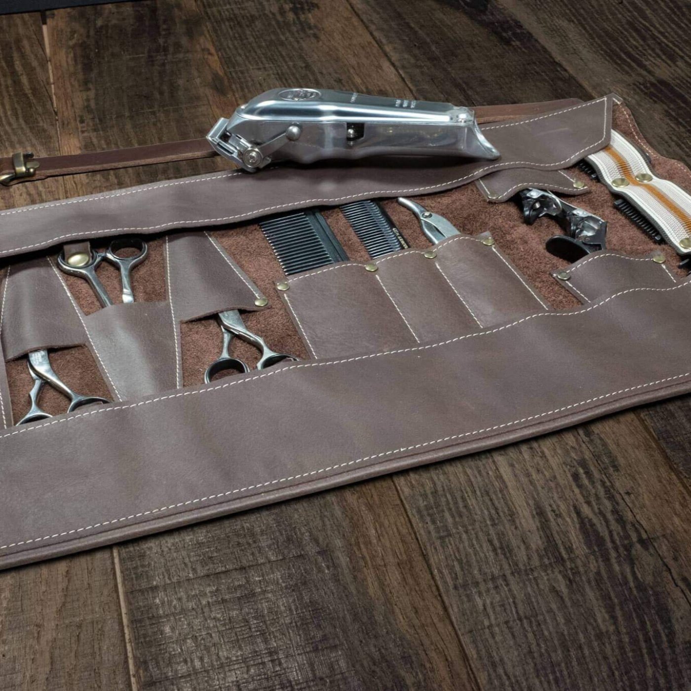 Duke and Sons Professional barber tool roll in brown leather overview