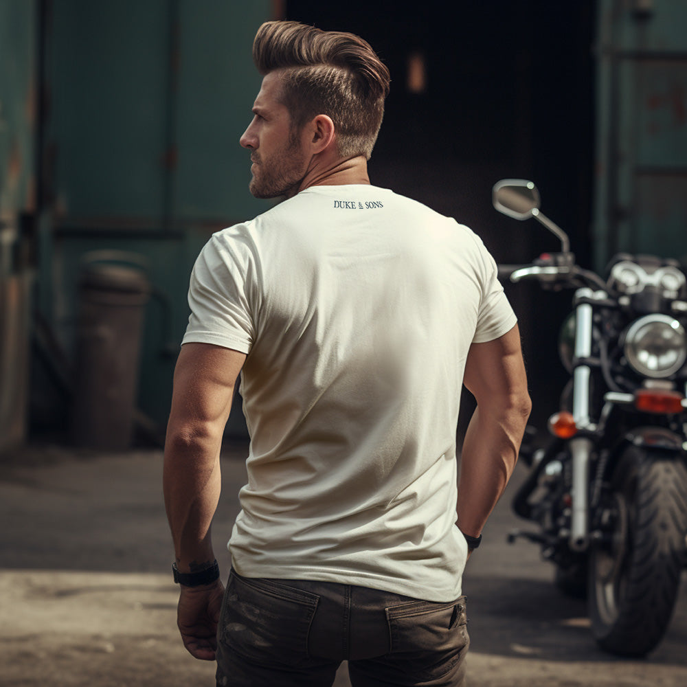 Duke and Sons Anchor T-shirt wear by man view back with small logo
