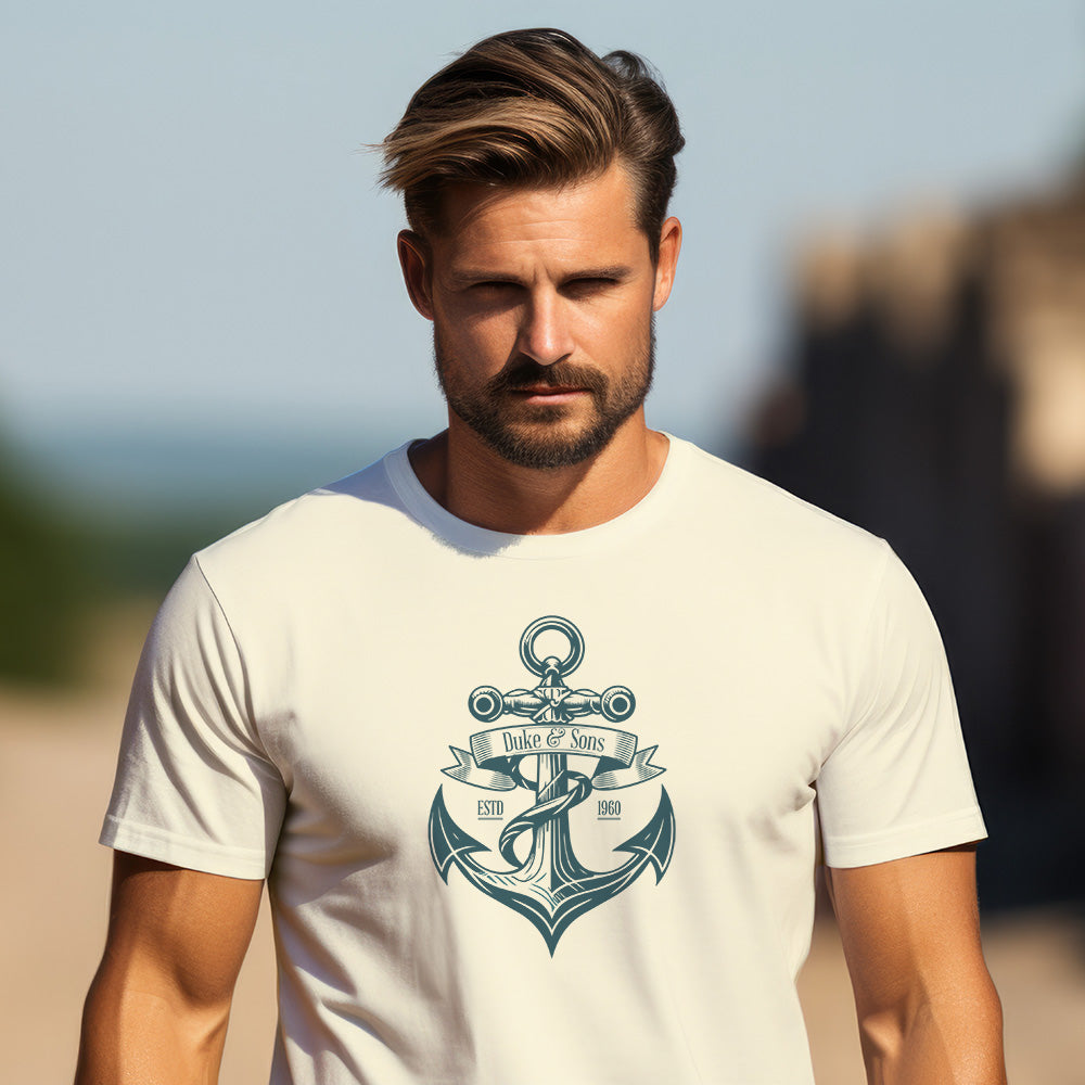 Duke and Sons Anchor T-shirt wear by man view front with chest logo