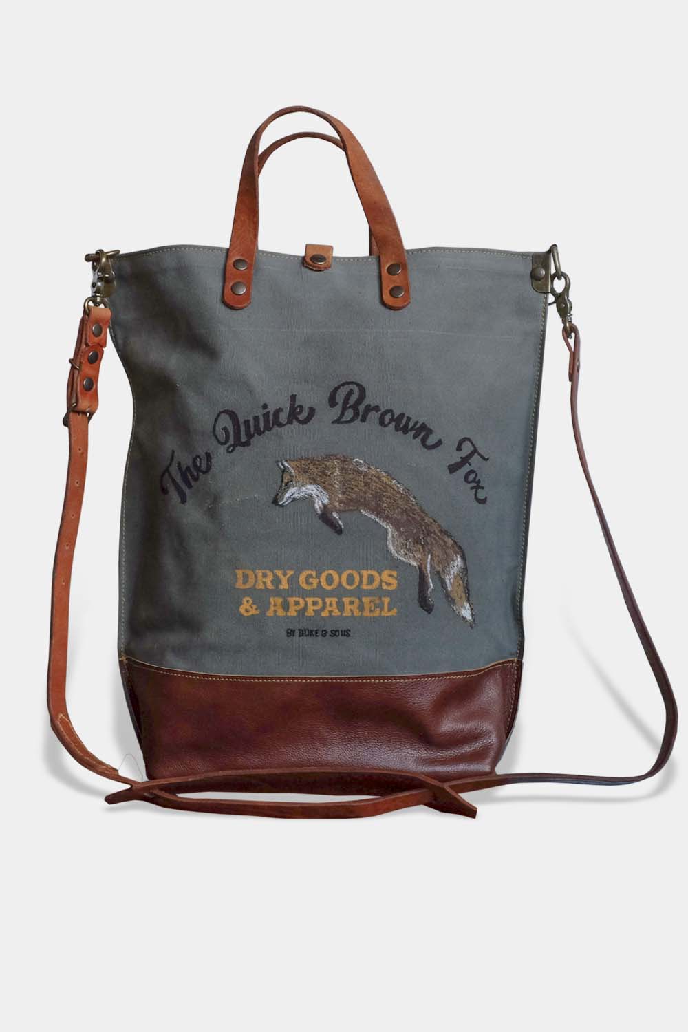Art bag, The Quick Brown Fox tote bag, olive green canvas, hand drawn.