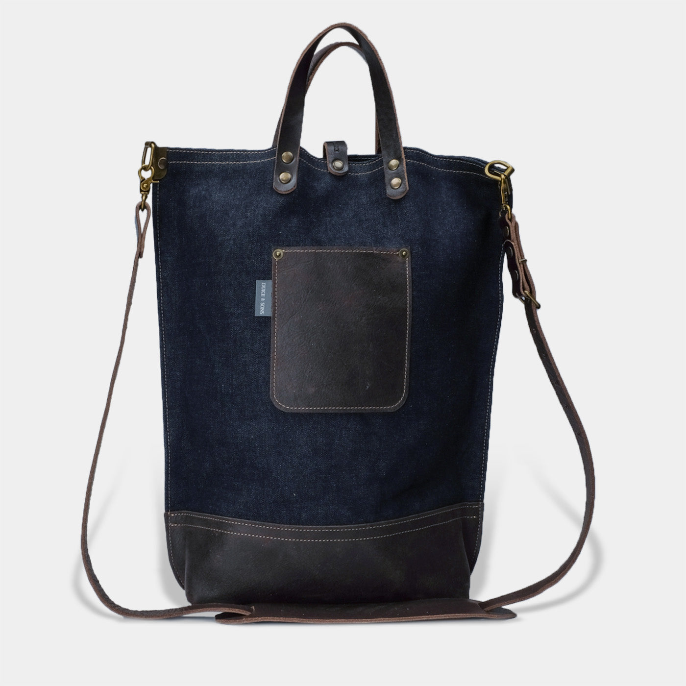 selvedge denim tote bag, hand drawn logo born to ride back