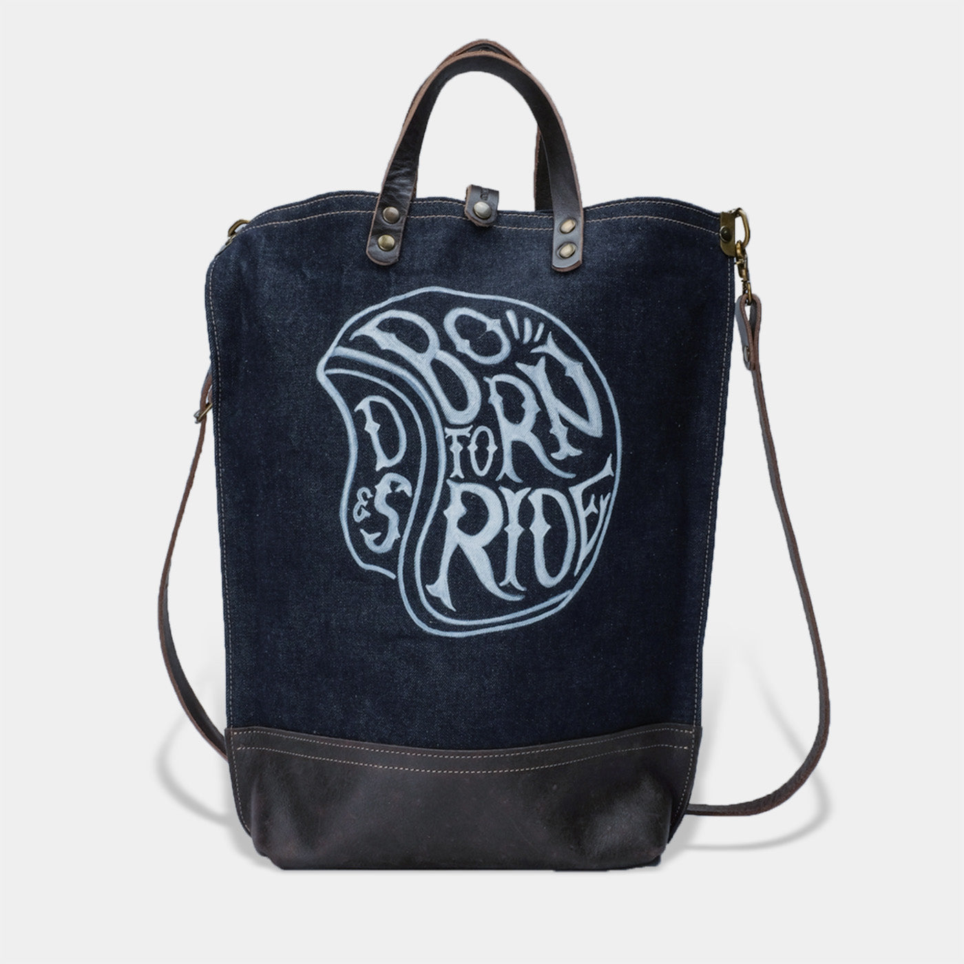 selvedge denim tote bag, hand drawn logo born to ride front