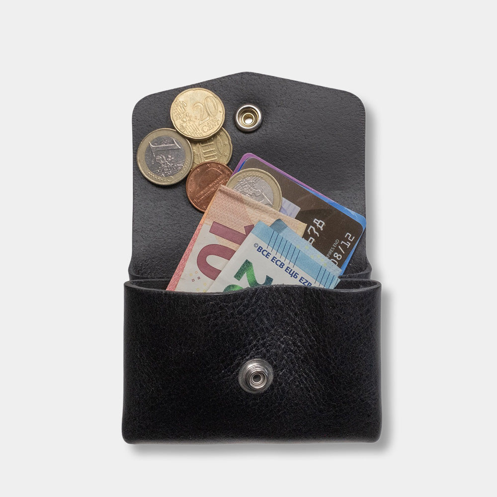 Pocket wallet black, open with money and cards