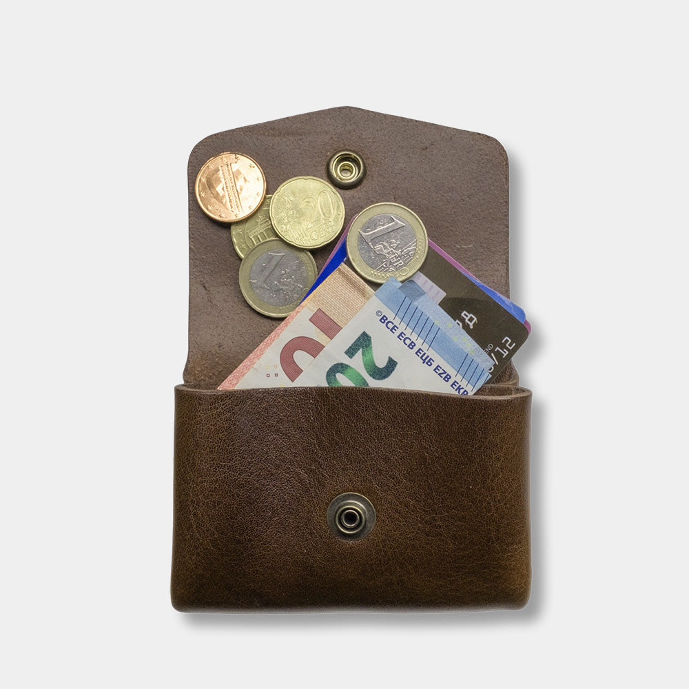 Pocket wallet dark. brown, open with money and cards