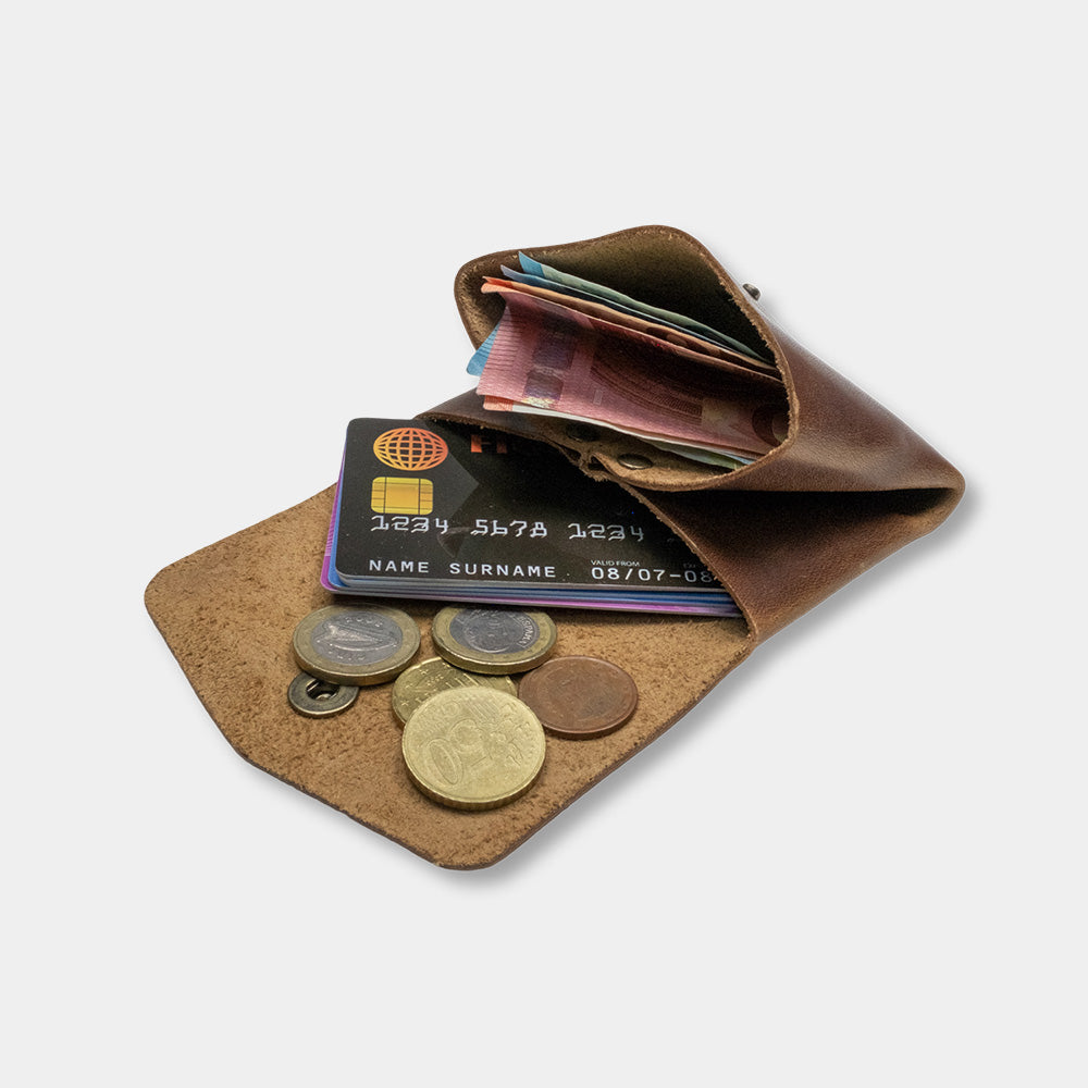 Pocket wallet, (distressed leather) - open with money top view