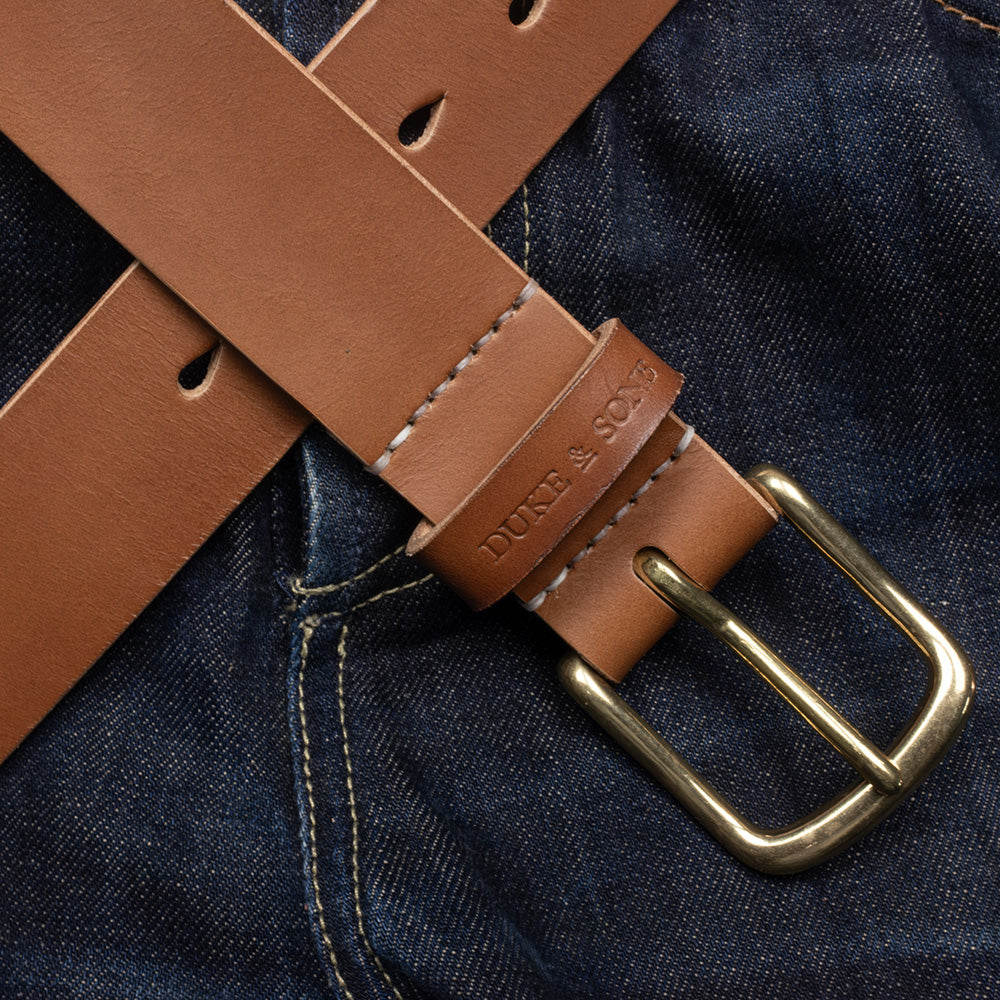 Belt, cognac color, vegetan leather, hand stitched. solid brass buckle, 40mm (1.57") - Duke & Sons Leather