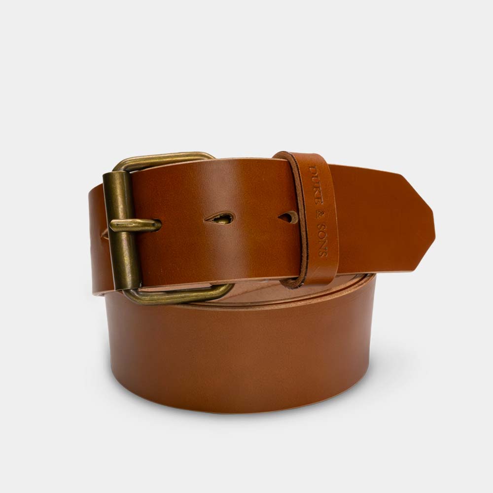 Duke and Sons 2-inch cognac leather jeans belt with old bronze buckle hero image