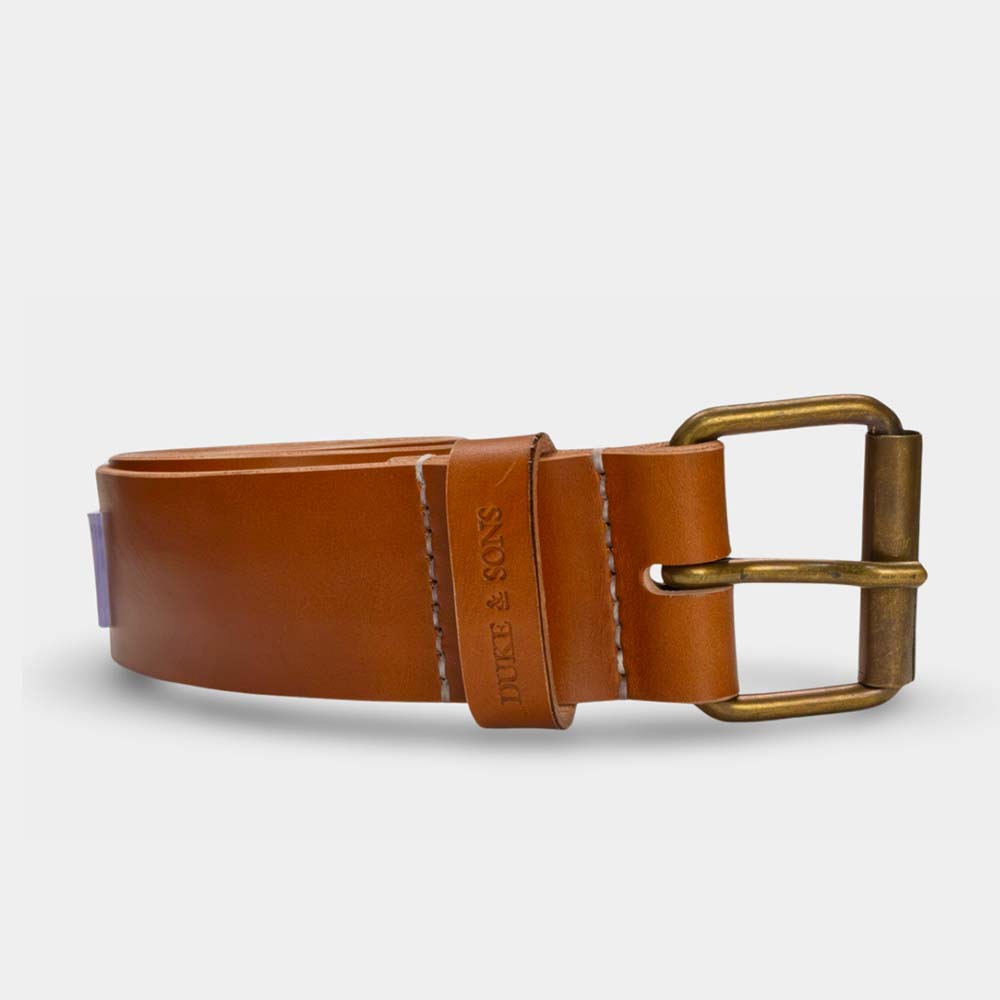 Duke and Sons 2-inch cognac leather jeans belt with old bronze buckle hero image open