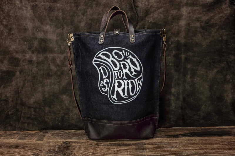 selvedge denim tote bag, hand drawn logo born to ride scene front