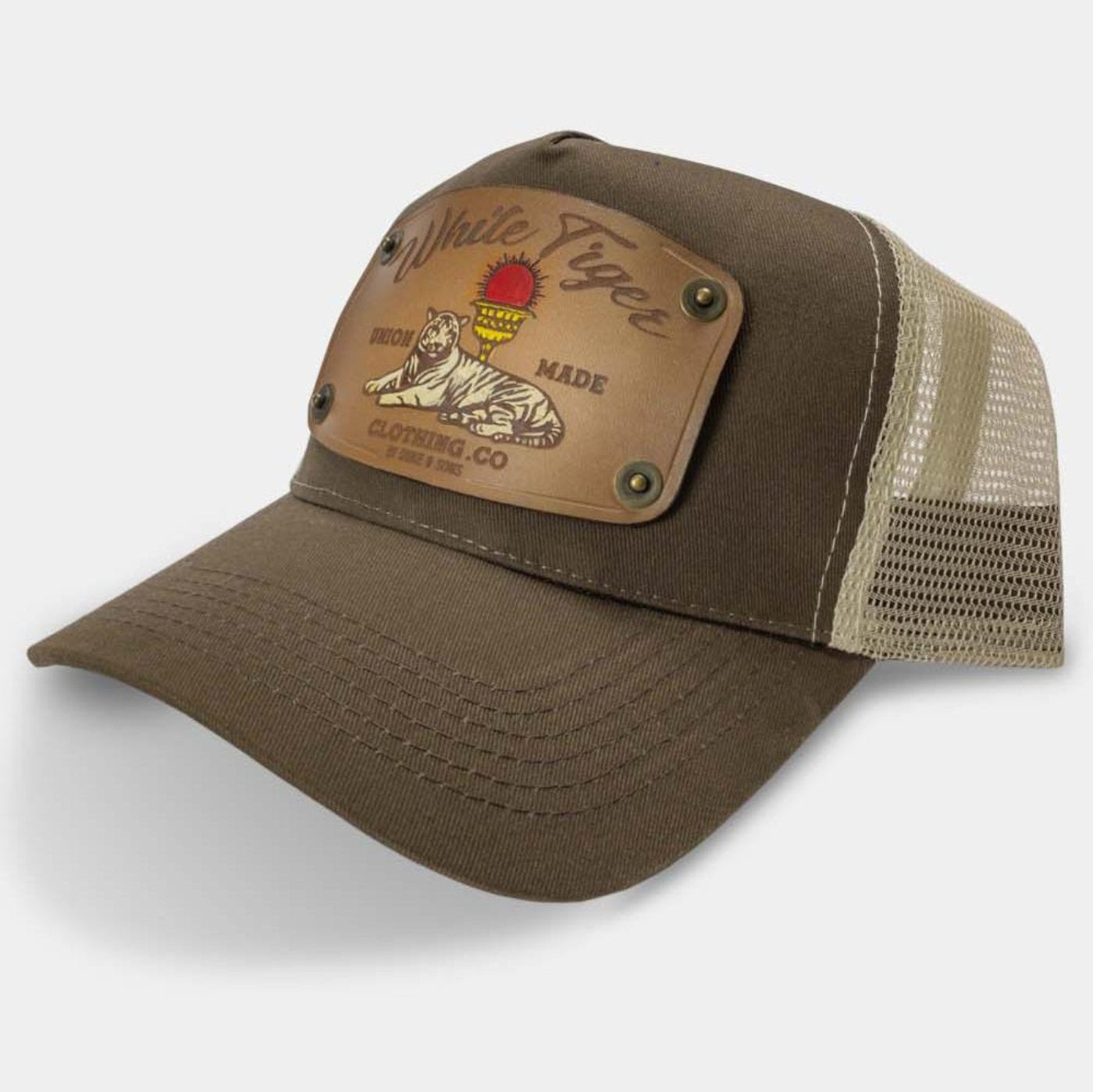 brown trucker cap with handmade leather patch white tiger | Duke and Sons Leather