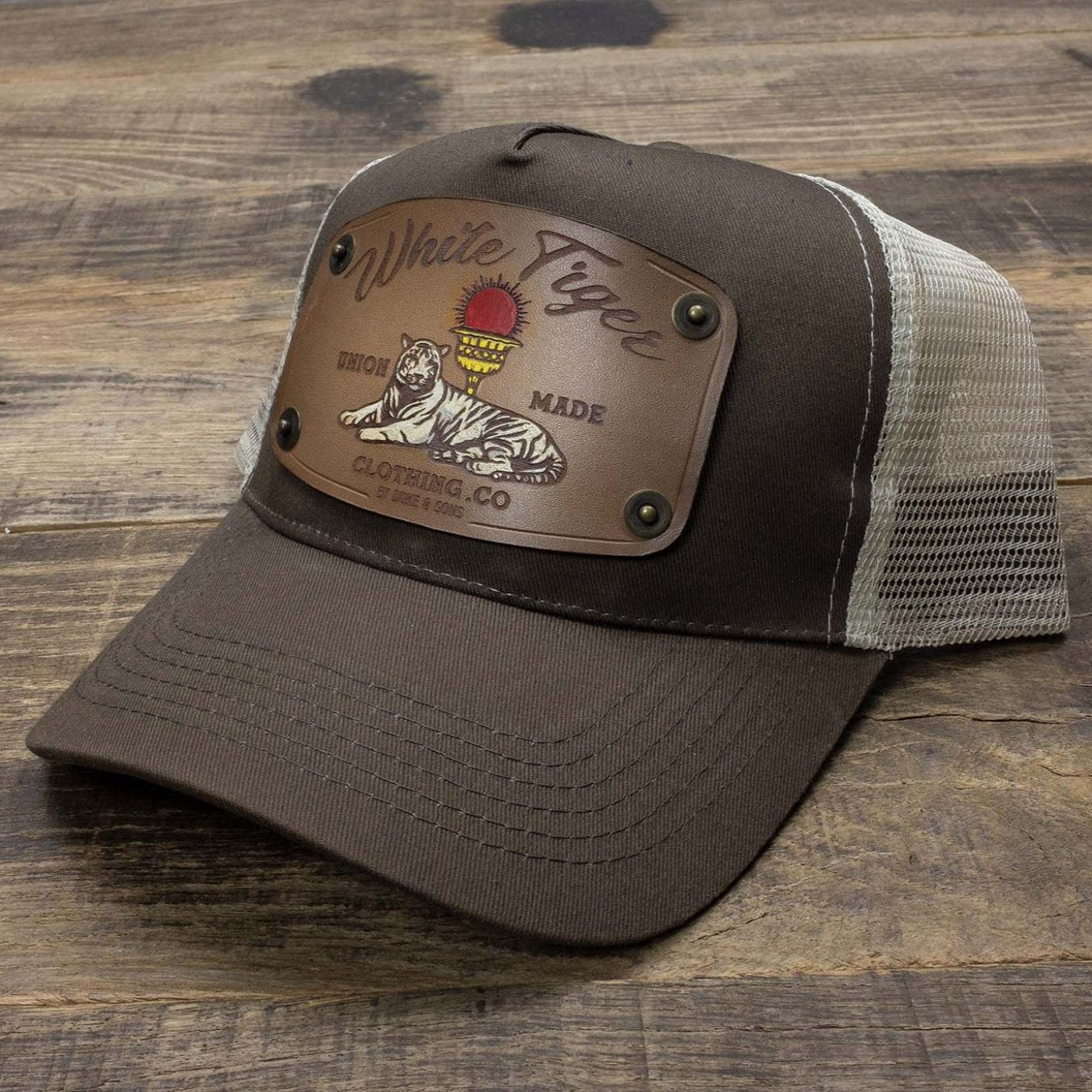 brown trucker cap with handmade leather patch white tiger | Duke and Sons Leather