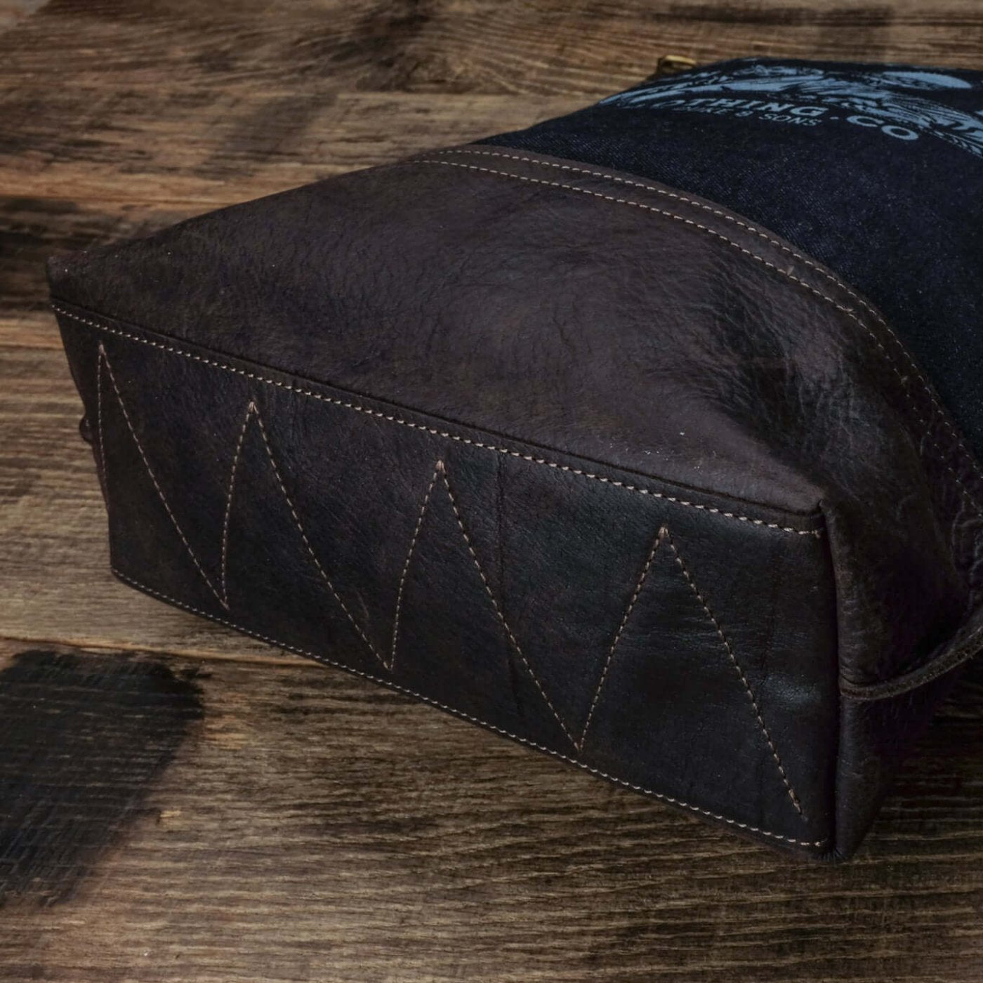 detail bottom selvedge denim tote bag, laser engraved logo White Tiger