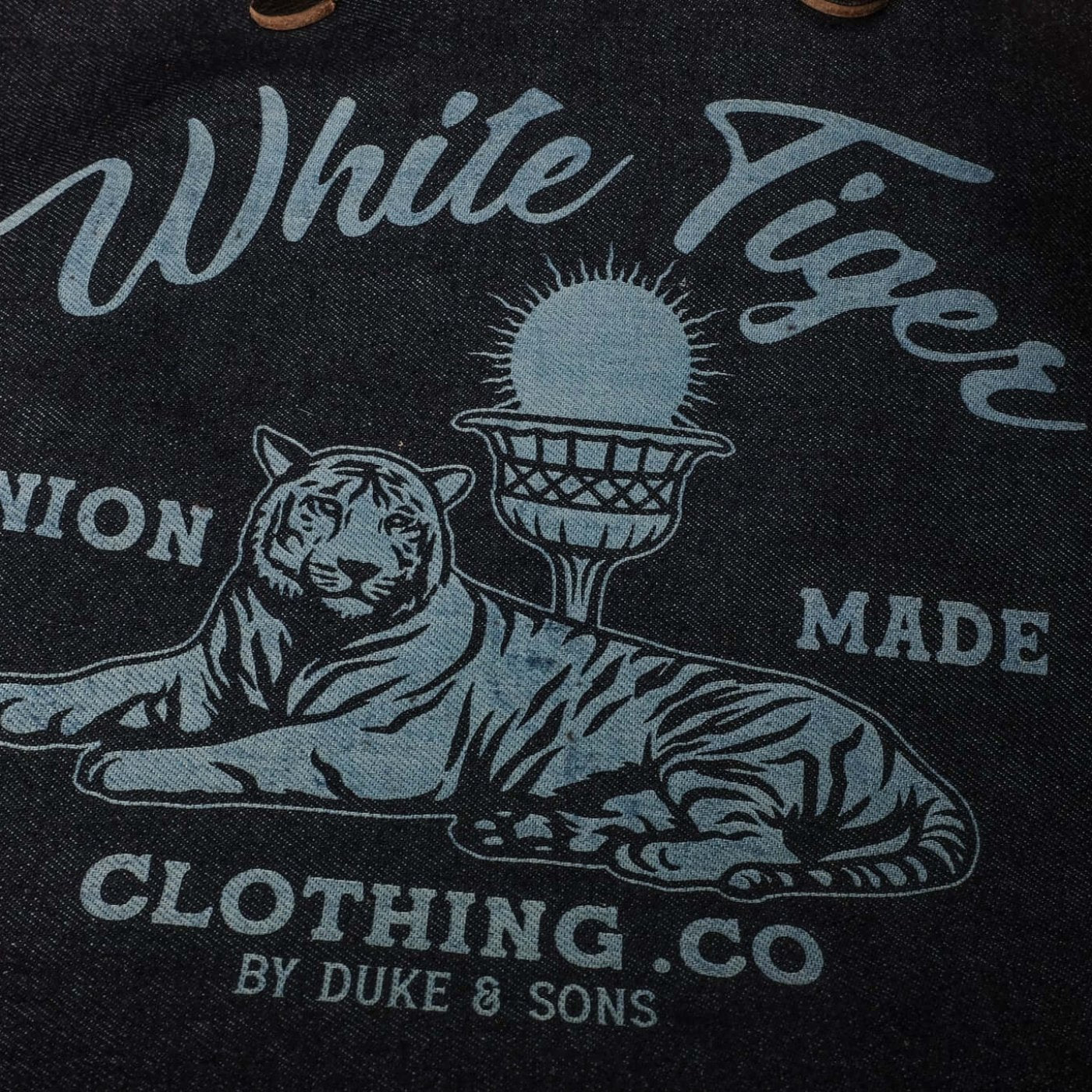 detail logo selvedge denim tote bag, laser engraved logo White Tiger