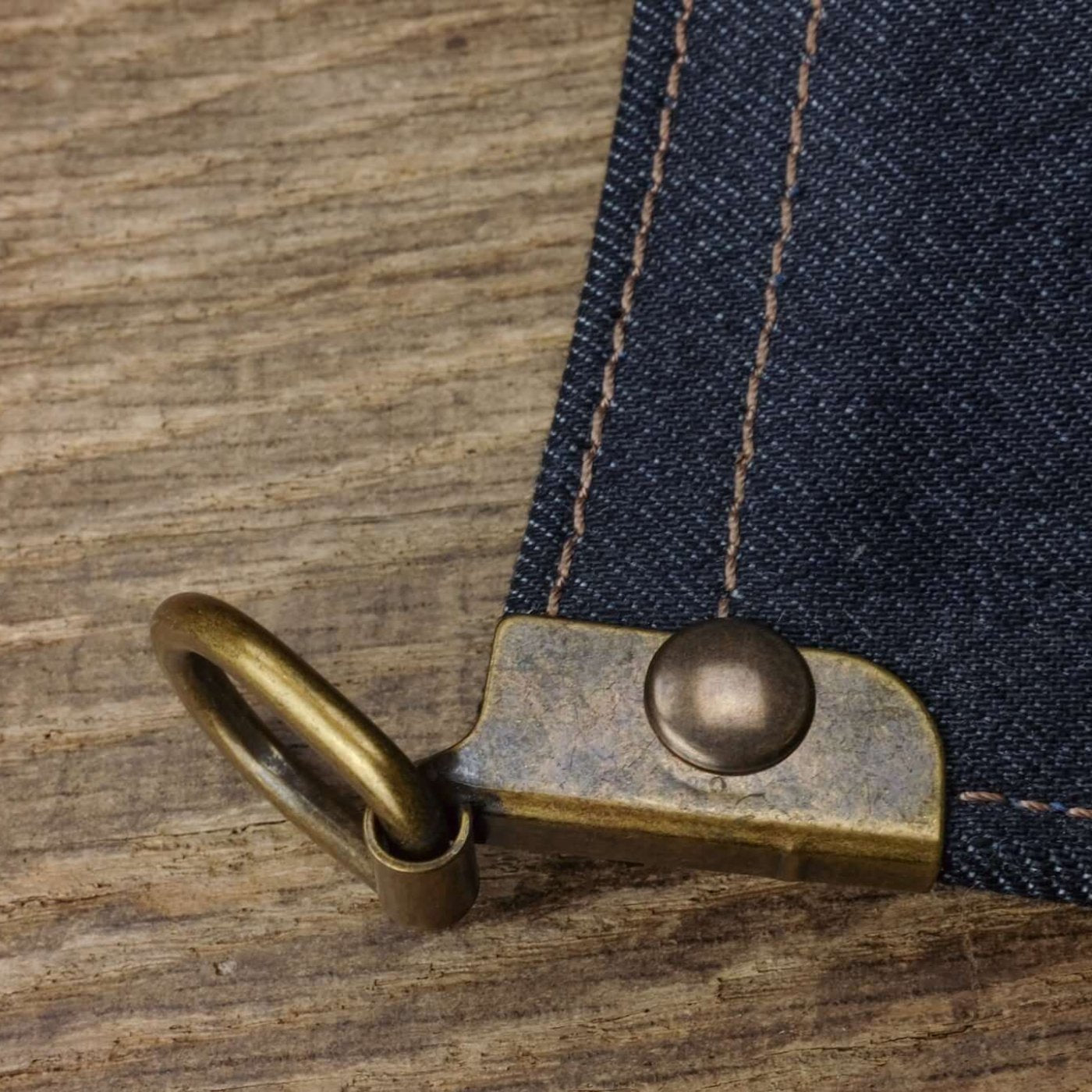 detail strap hook selvedge denim tote bag, laser engraved logo White Tiger