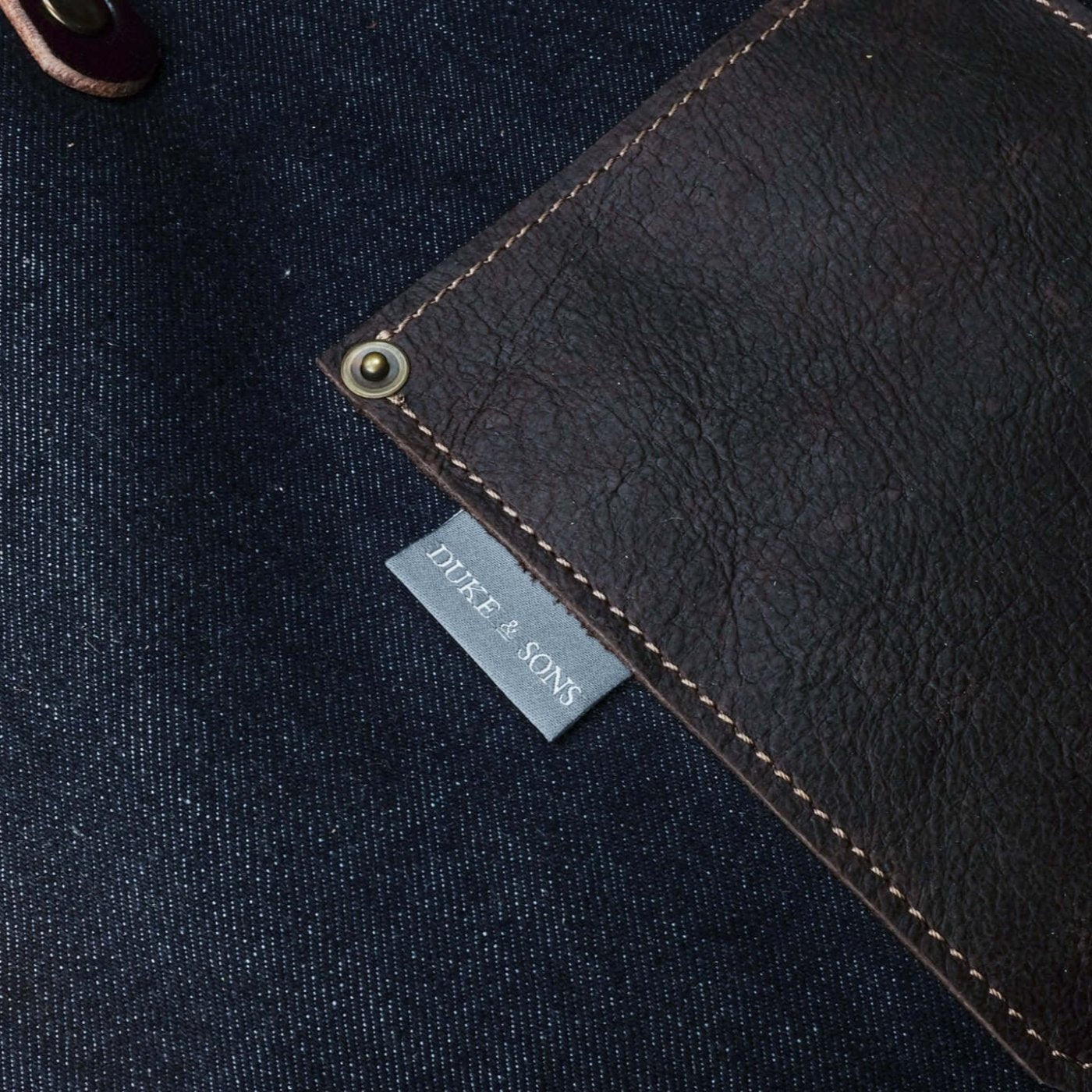 detail pocket selvedge denim tote bag, laser engraved logo White Tiger