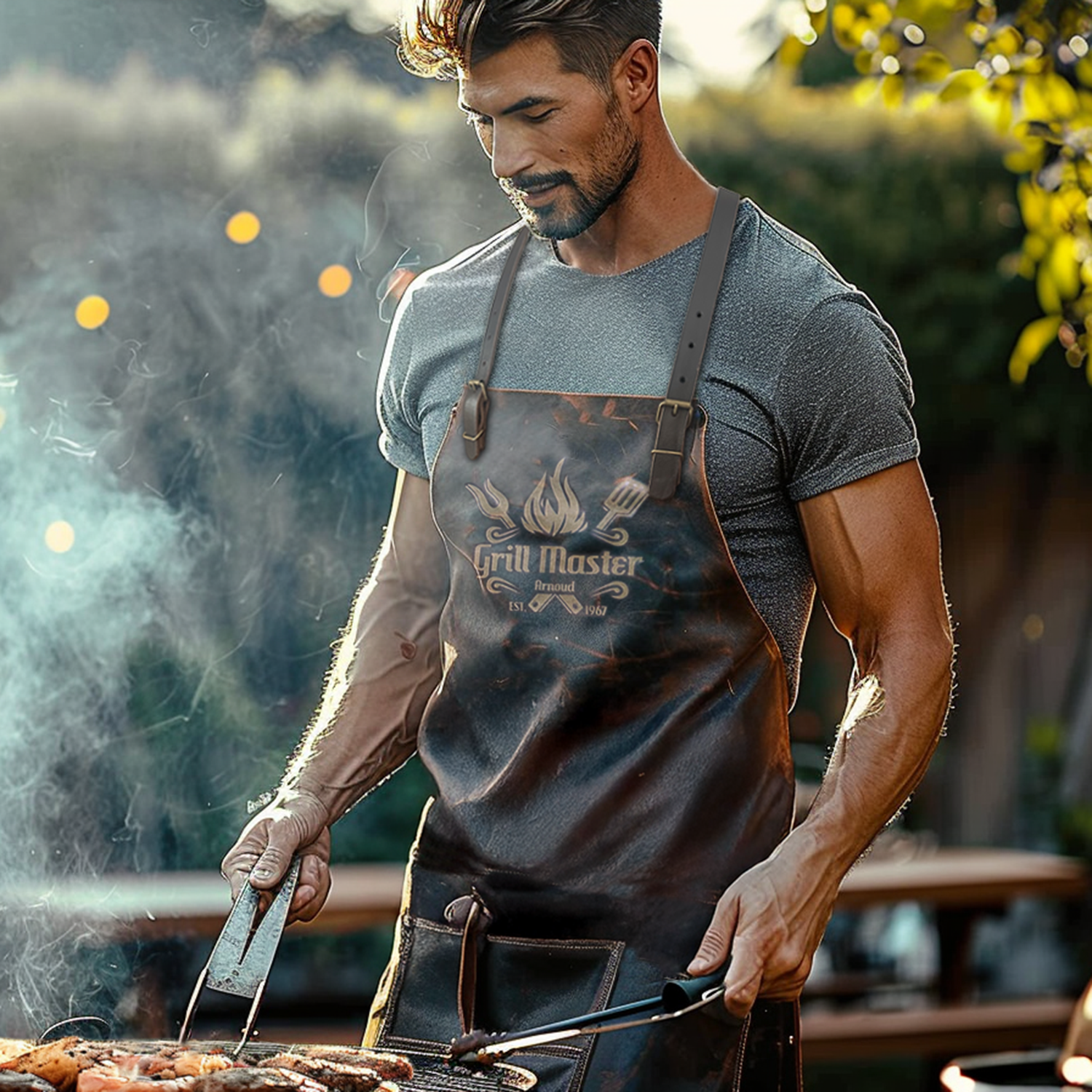 Man wearing a 'Grill Master' apron grilling outdoors with smoke in the background
