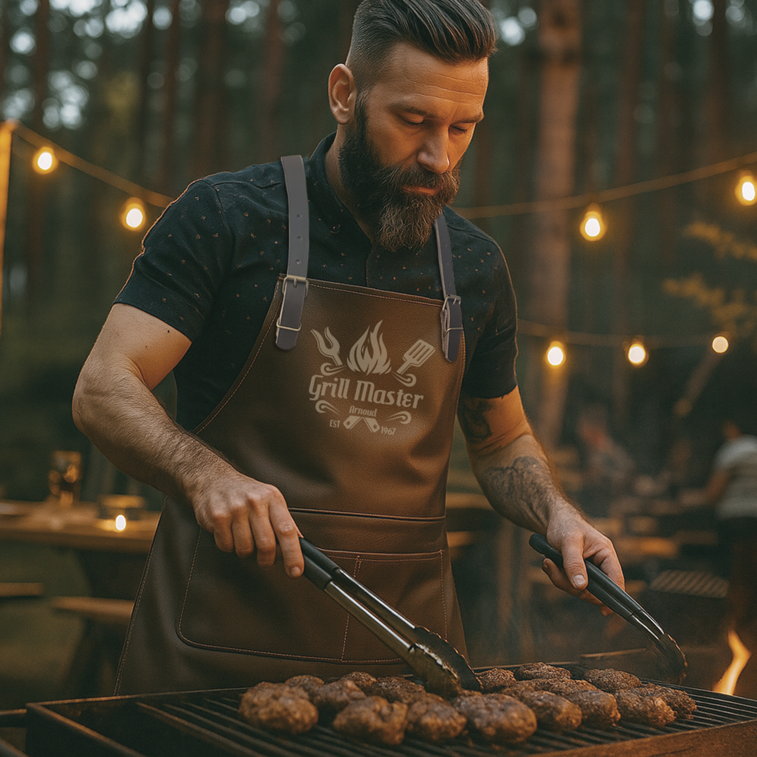 Man grilling food wearing a 'Grill Master' apron in an outdoor setting with string lights.