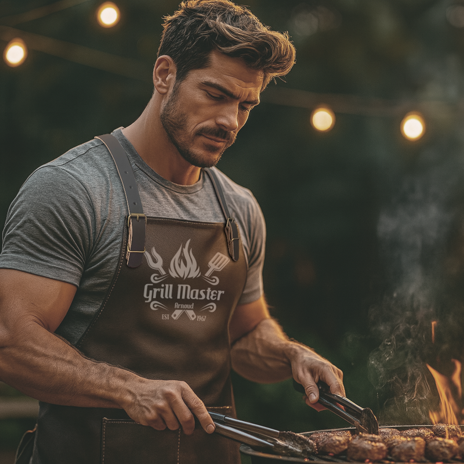 Man wearing a 'Grill Master' apron grilling outdoors with string lights in the background