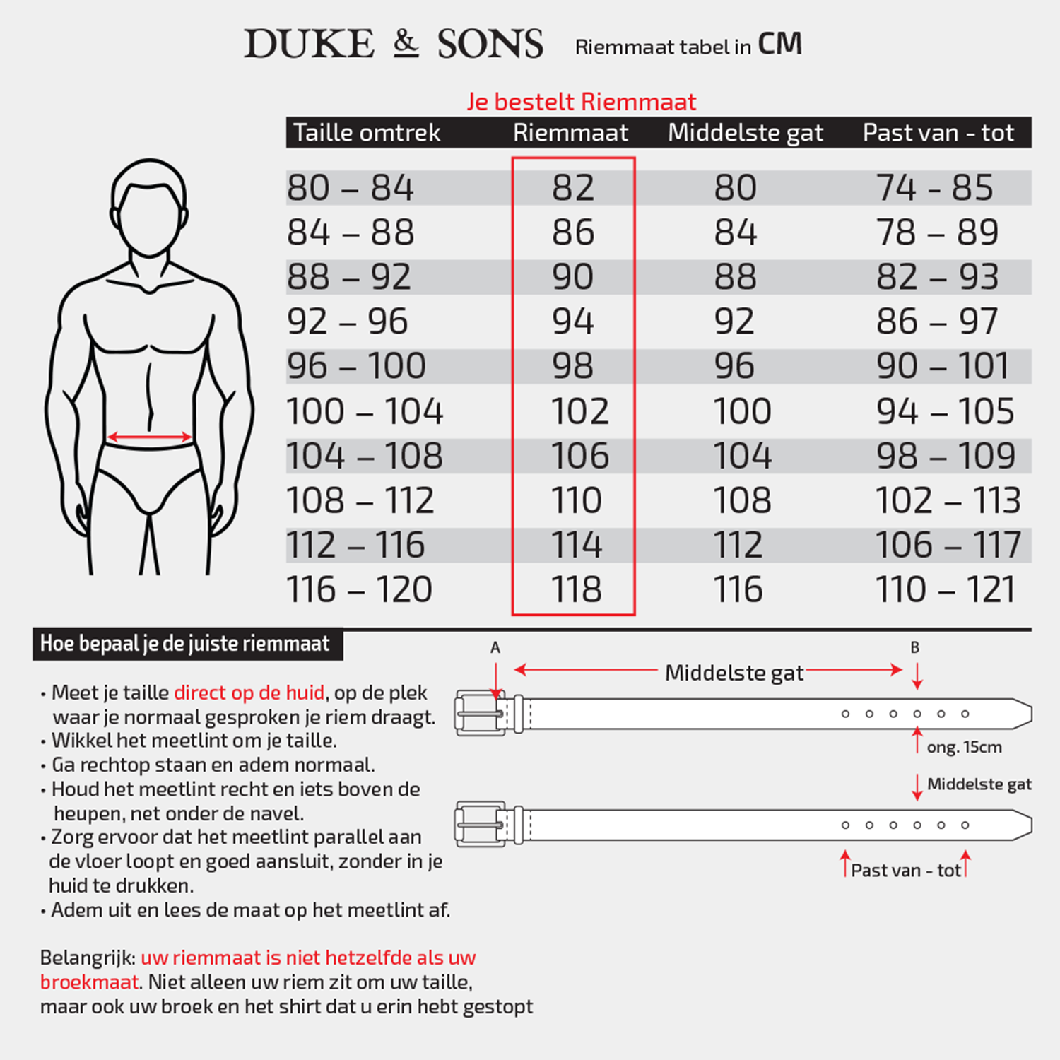 Duke & Sons Leather men's belt size chart in CM
