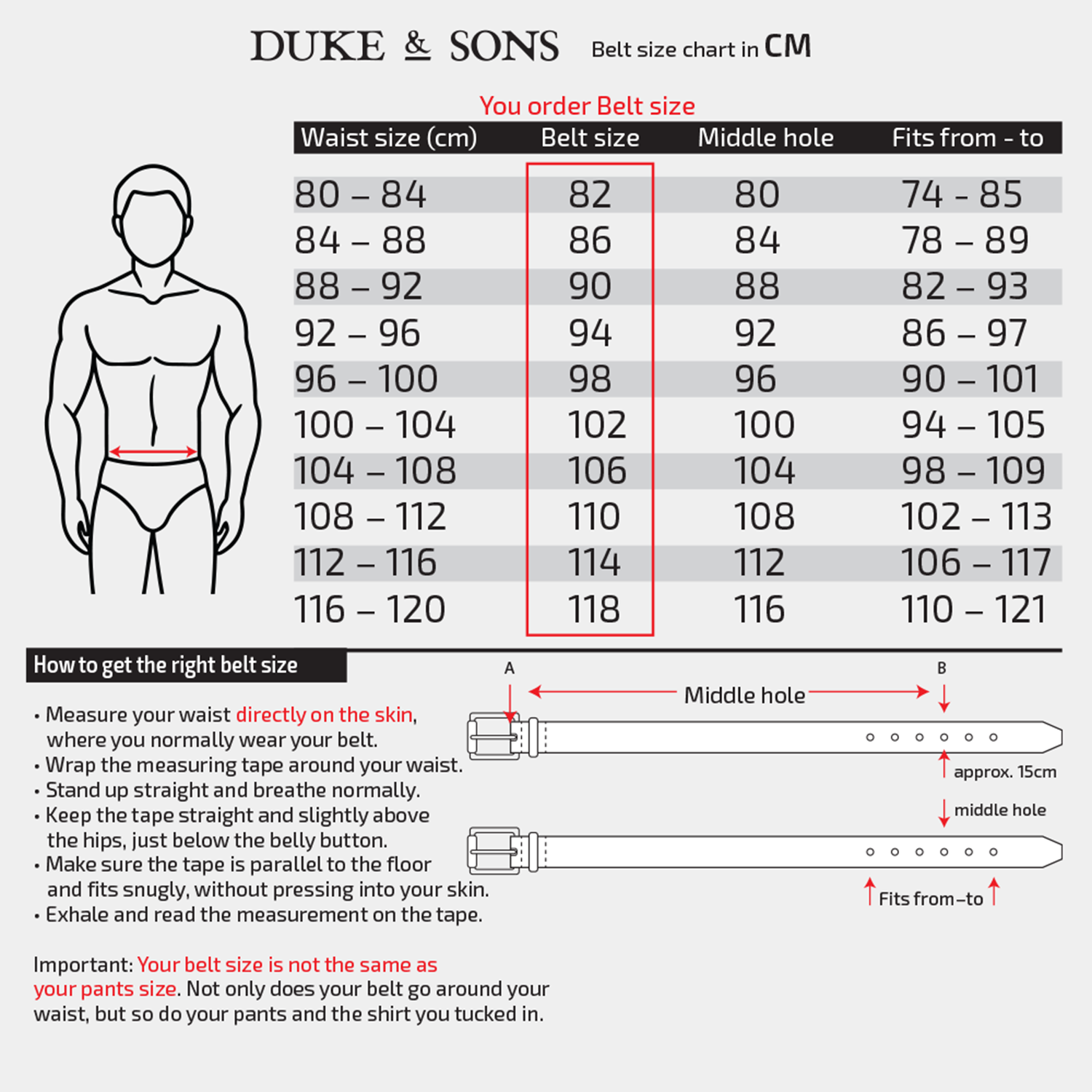 Duke & Sons belts size chart in CM