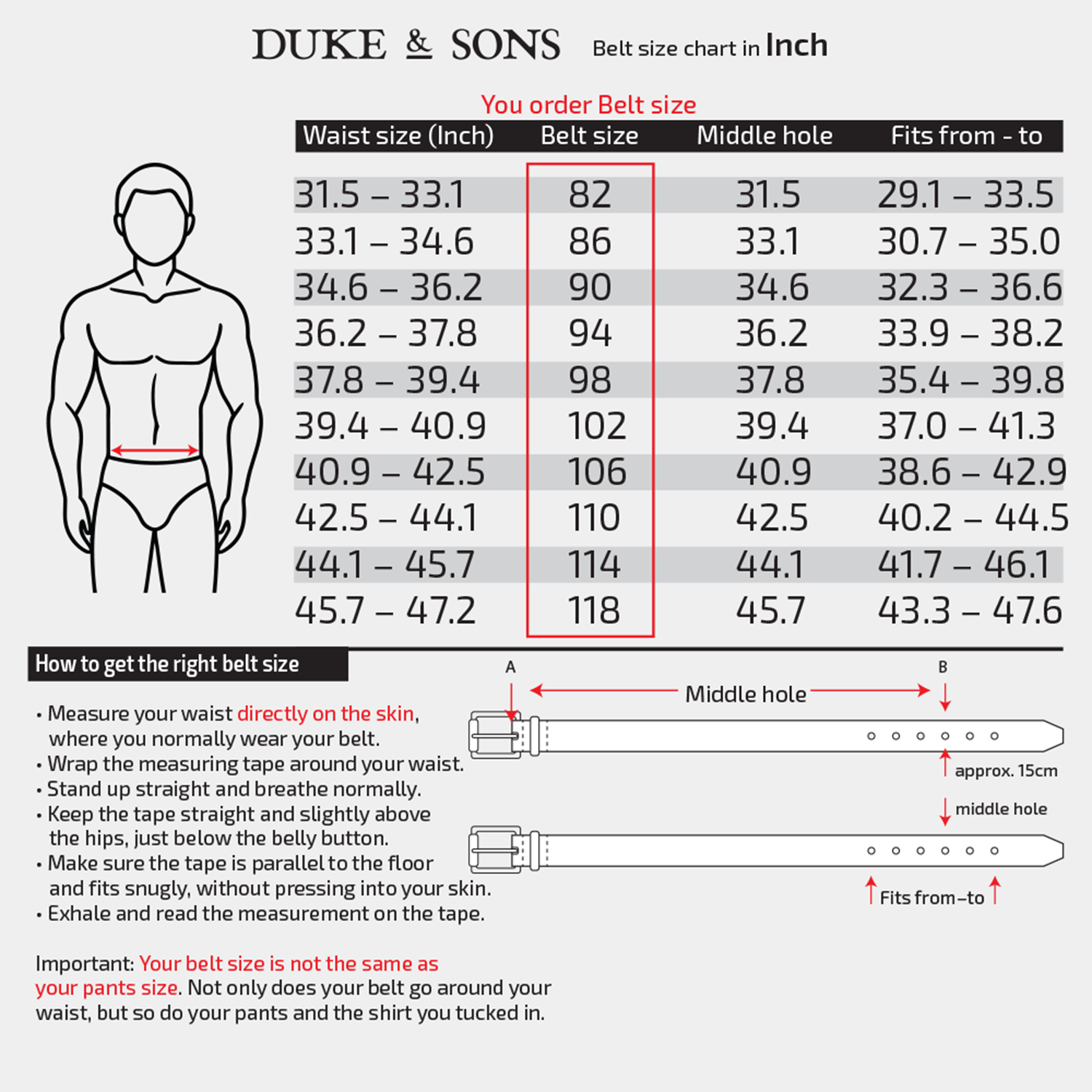 Duke & Sons belts size chart in Inches