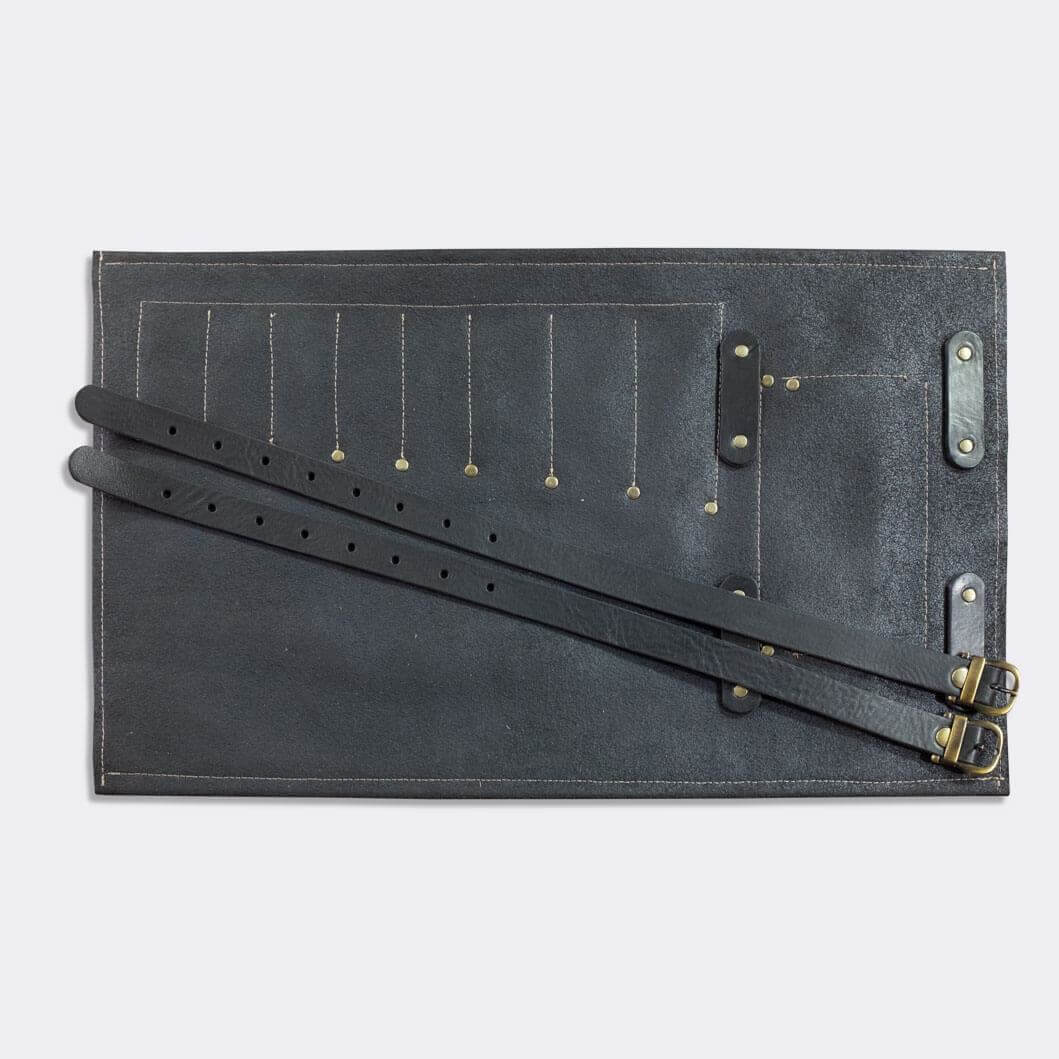 Tool Roll, black leather, with pocket and 2 leather straps. - Duke & Sons Leather
