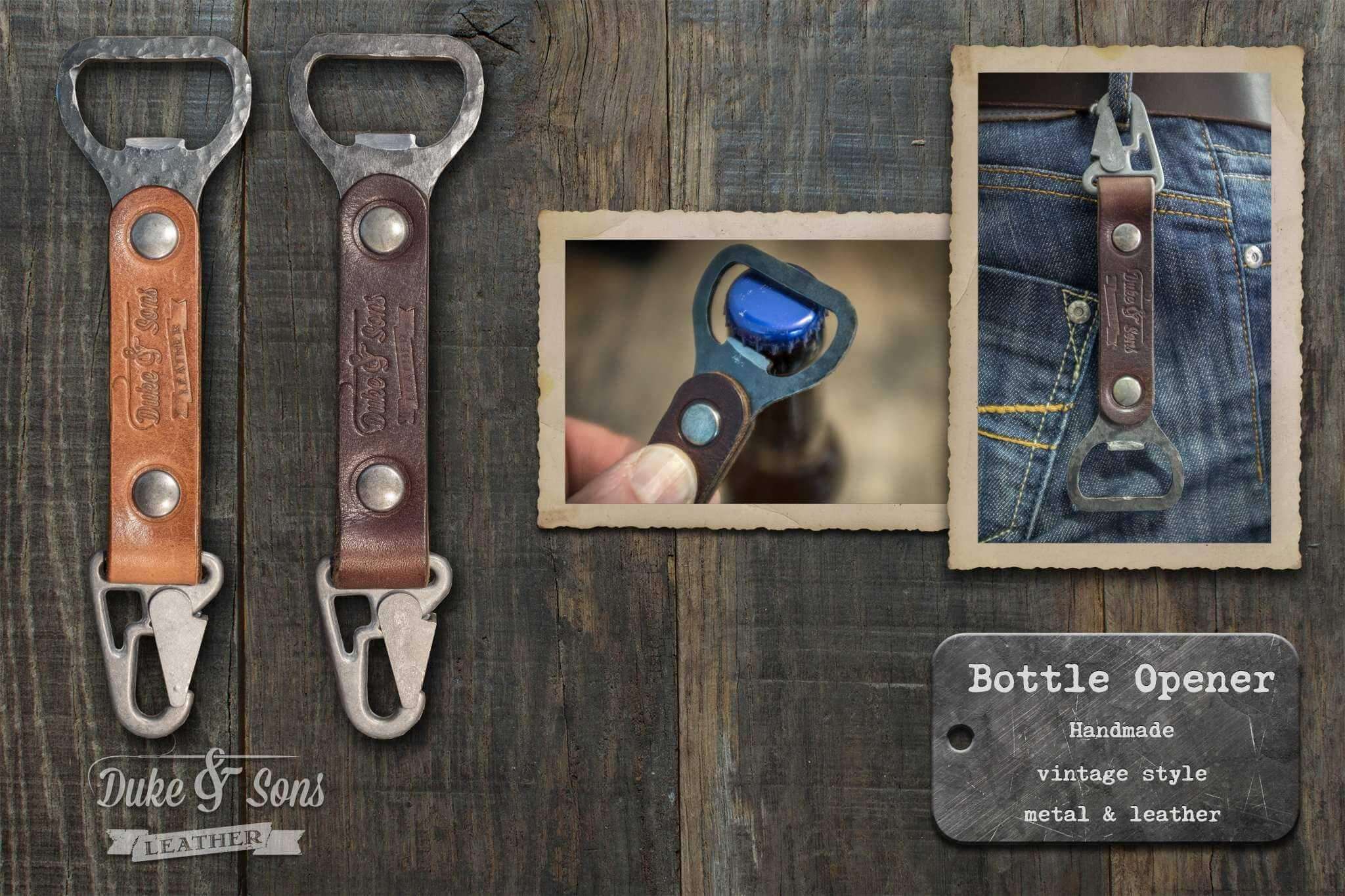 Opener, vintage style bottle opener, handmade, metal with leather grip - Duke & Sons Leather