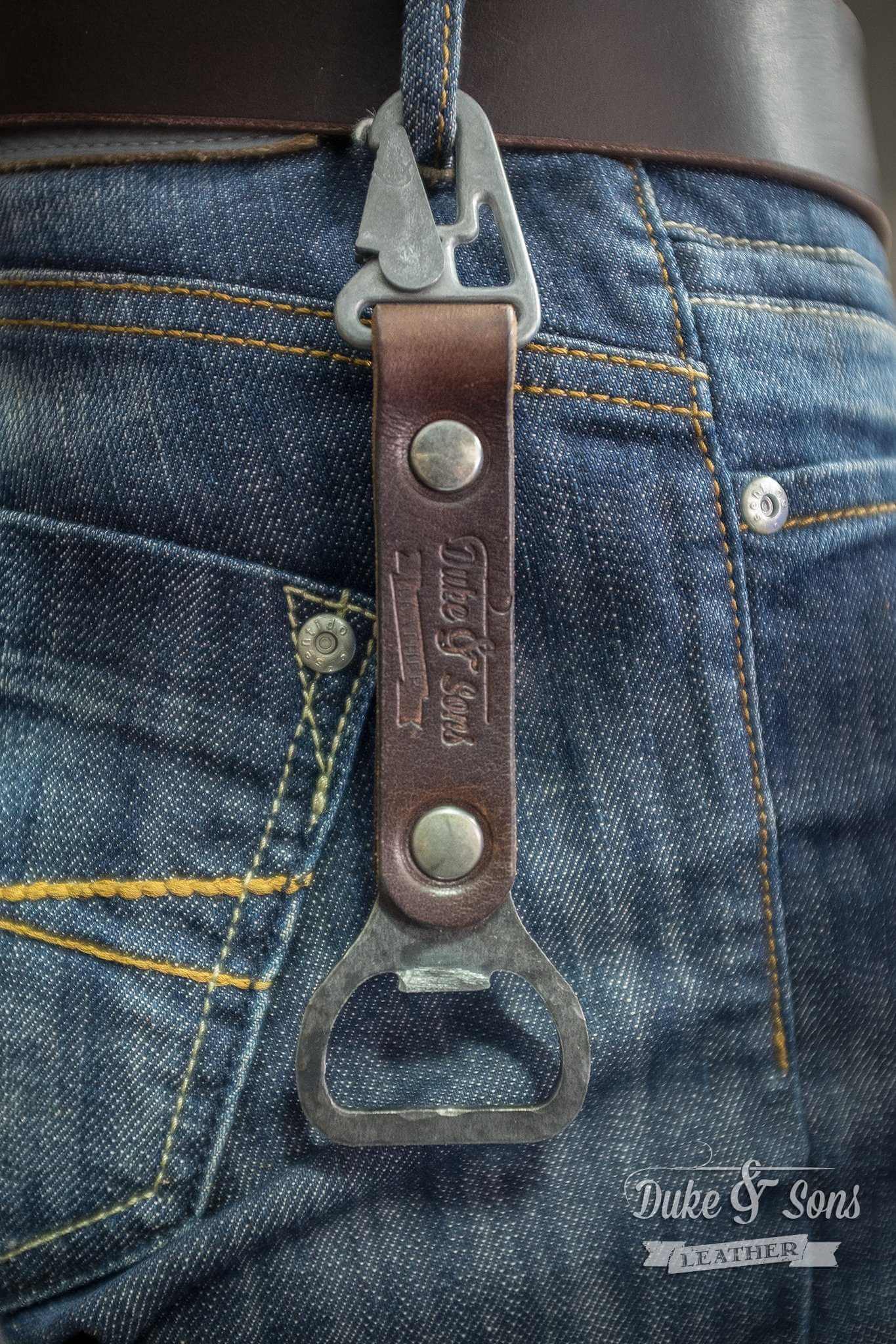 Opener, vintage style bottle opener, handmade, metal with leather grip - Duke & Sons Leather