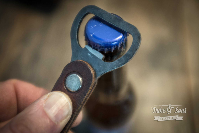 Opener, vintage style bottle opener, handmade, metal with leather grip - Duke & Sons Leather