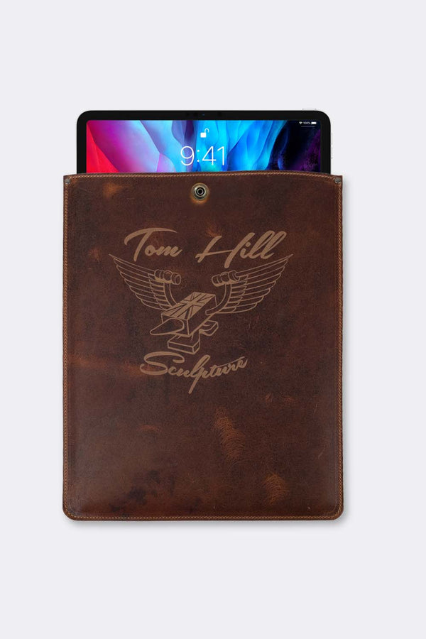 iPad Pro sleeve with logo, pull up leather with fabric lining, brown color