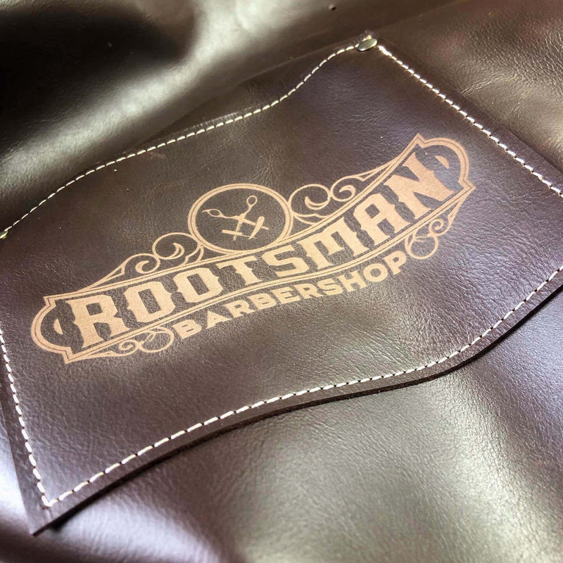 Laser sample in brown Barber apron (A-grade Black leather) for the professional barber and hairdresser - Duke & Sons Leather