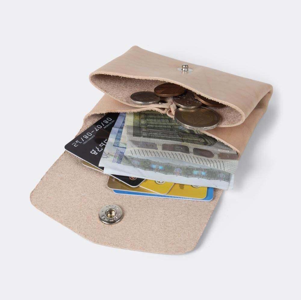 Pocket wallet, (natural vegetan leather) open money, slanted view