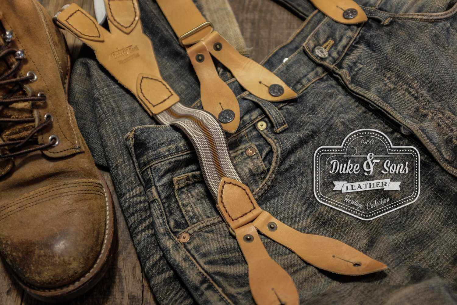 Classic worker braces, with vintage stripe elastic. - Duke & Sons Leather