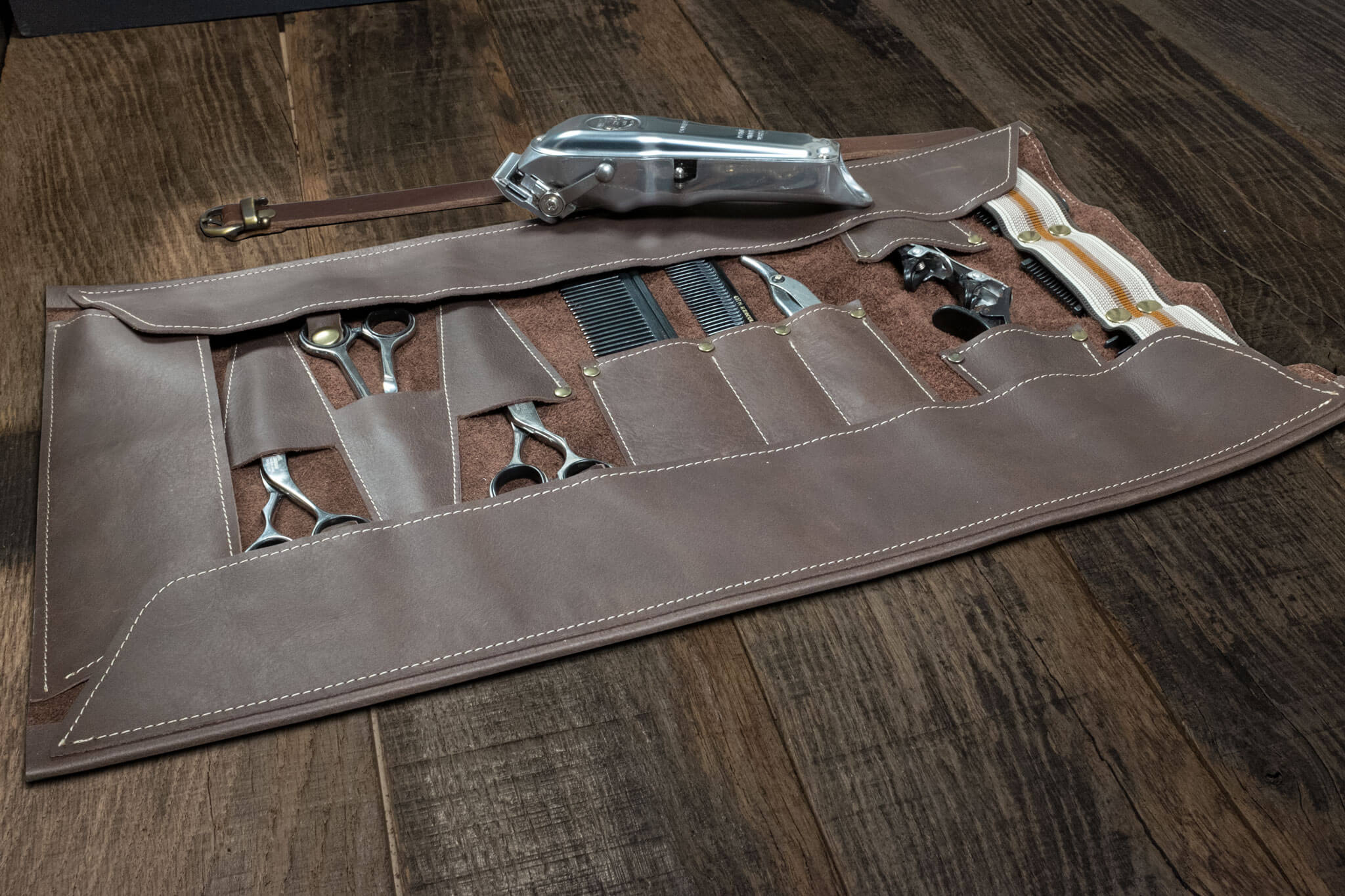 Duke and Sons brown leather barber tool roll