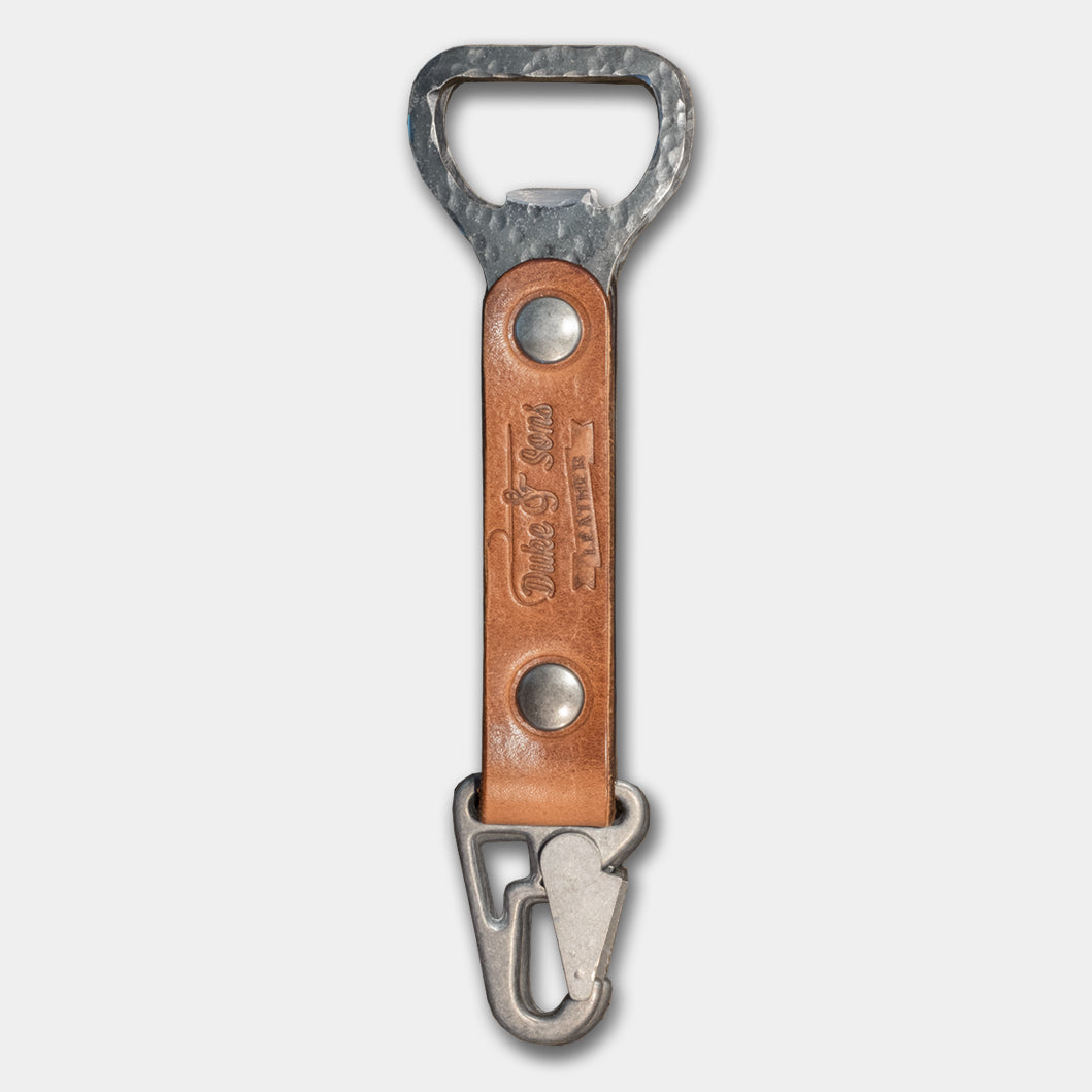 Opener, vintage style bottle opener, handmade, metal with cognac leather grip - Duke & Sons Leather