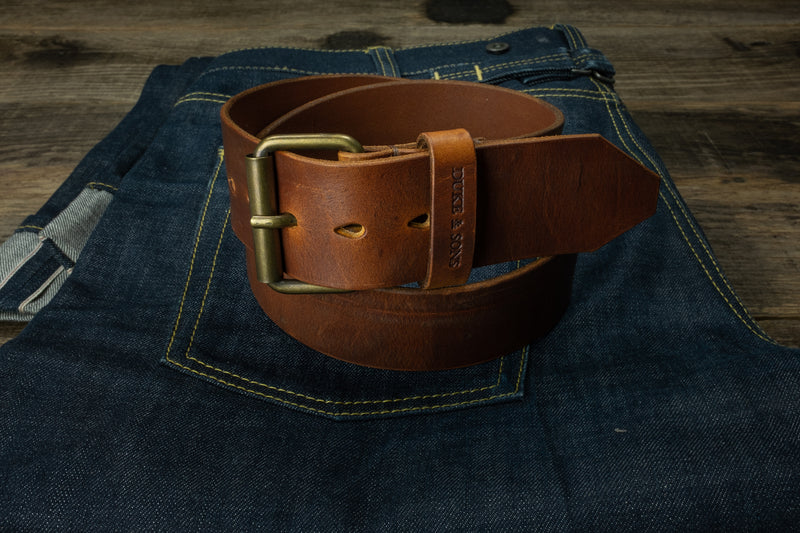 Duke and Sons 2-inch red brown leather jeans belt hero scene