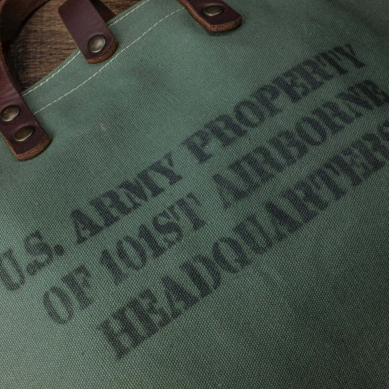 handmade olive green canvas tote bag 101st Airborne text detail