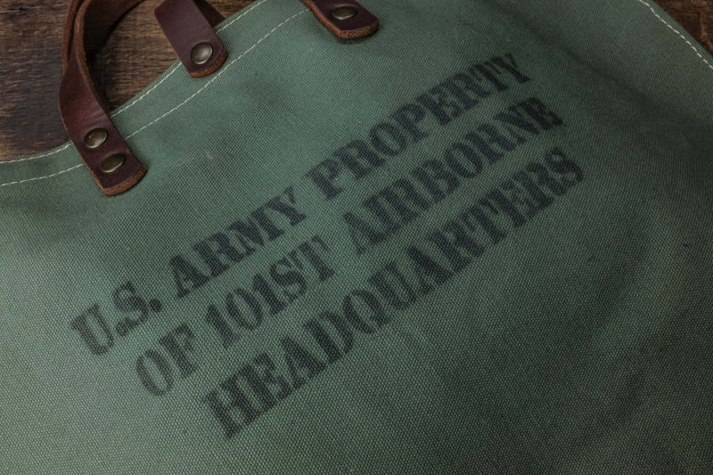 handmade olive green canvas tote bag 101st Airborne text detail