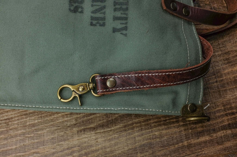 handmade olive green canvas tote bag 101st Airborne inside keychain detail