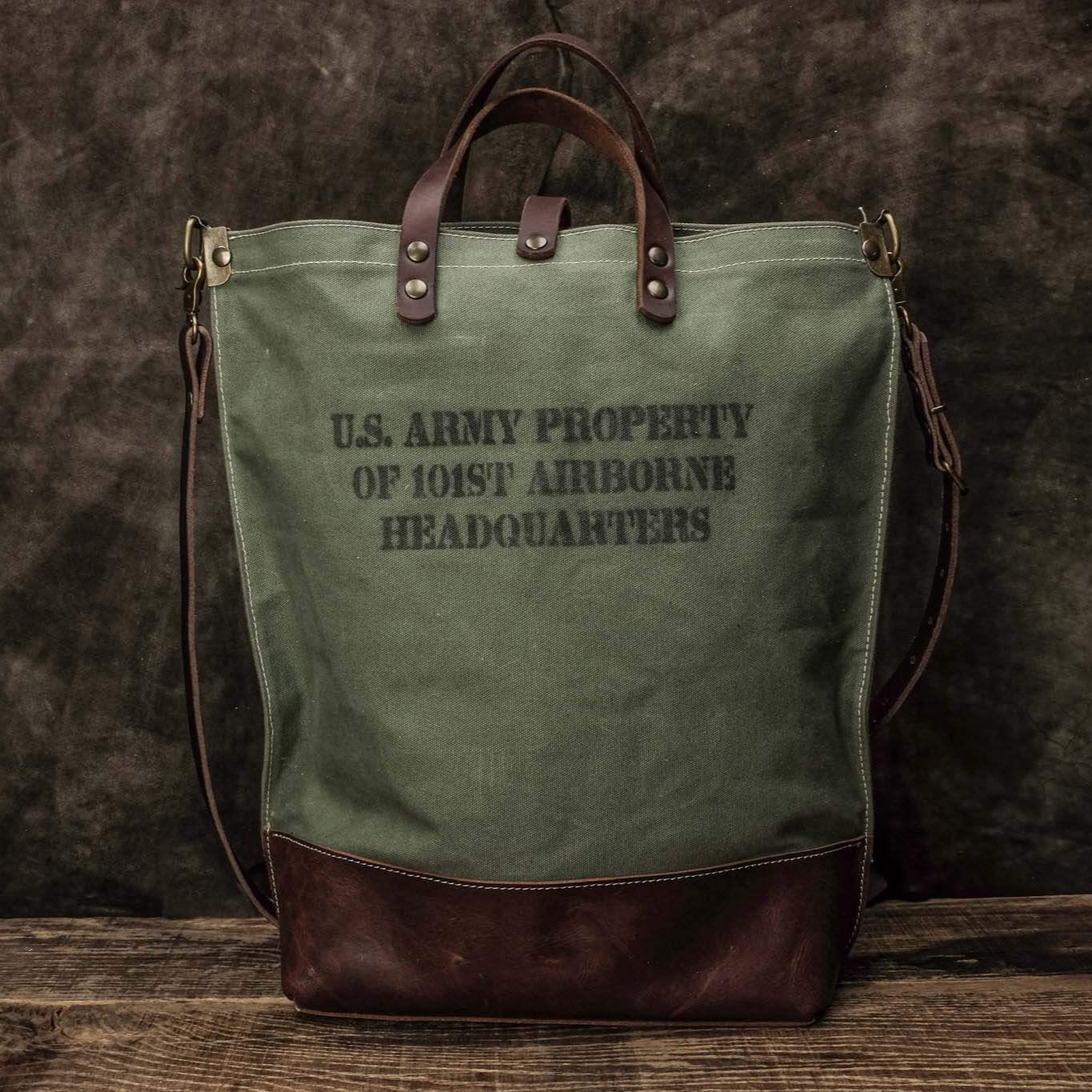 handmade olive green canvas tote bag 101st Airborne front scene