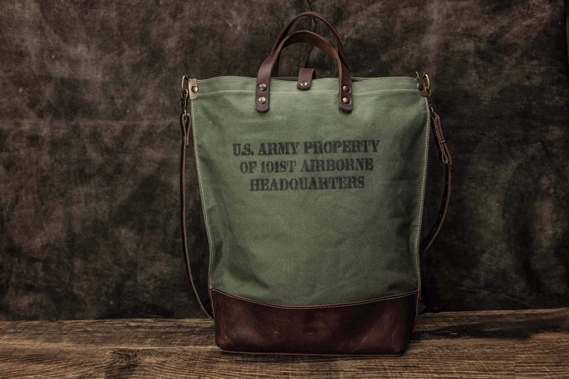 handmade olive green canvas tote bag 101st Airborne front scene