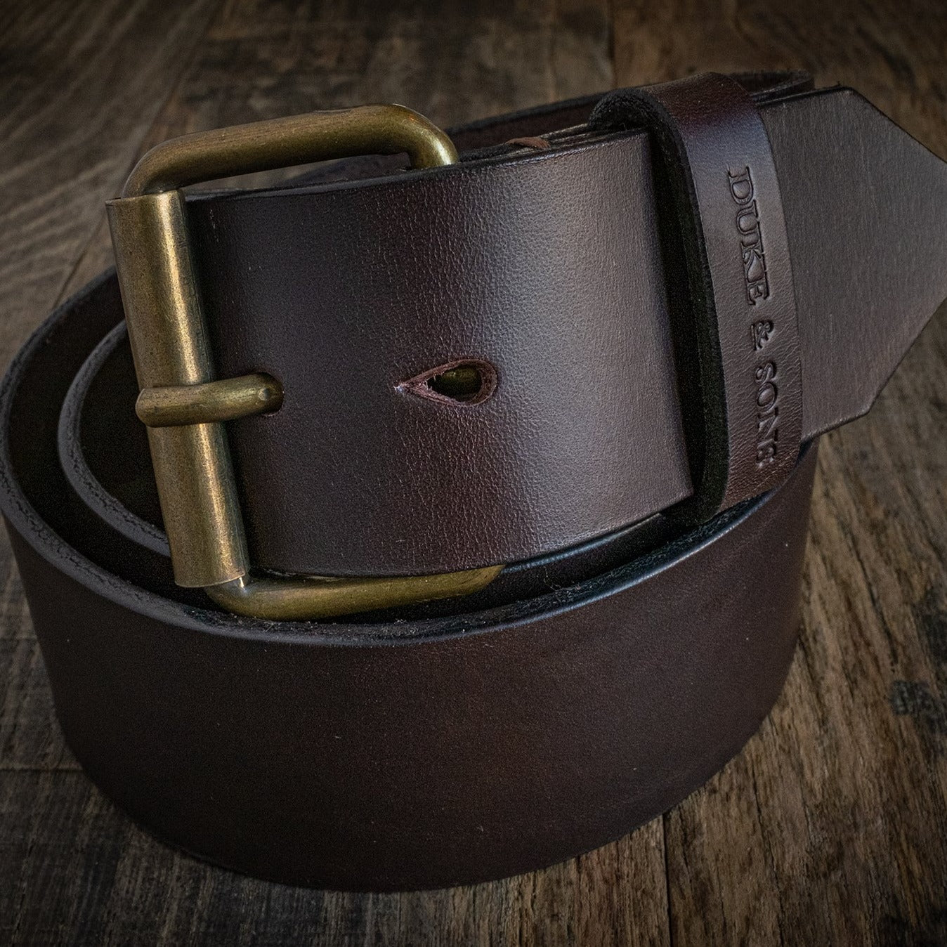 Duke and Sons 2-inch brown leather jeans belt hero scene