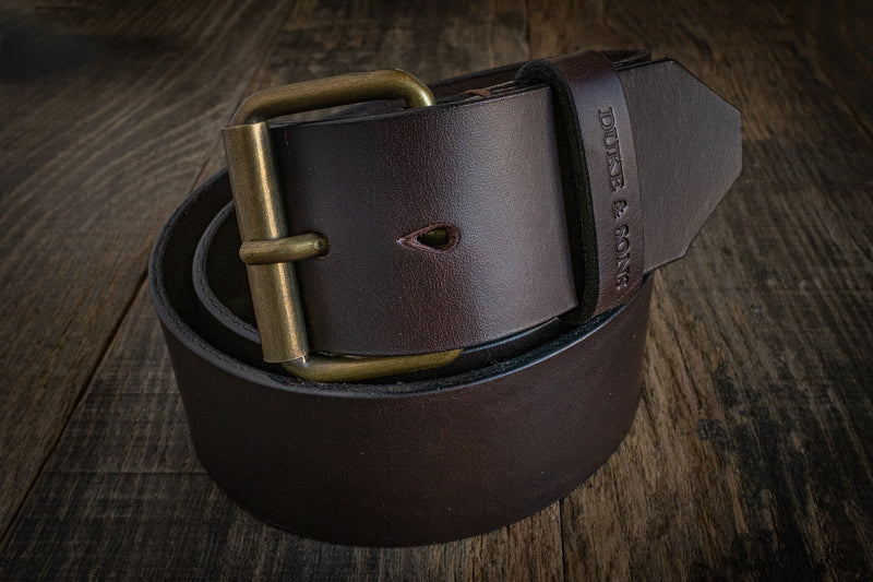 Duke and Sons 2-inch brown leather jeans belt hero scene