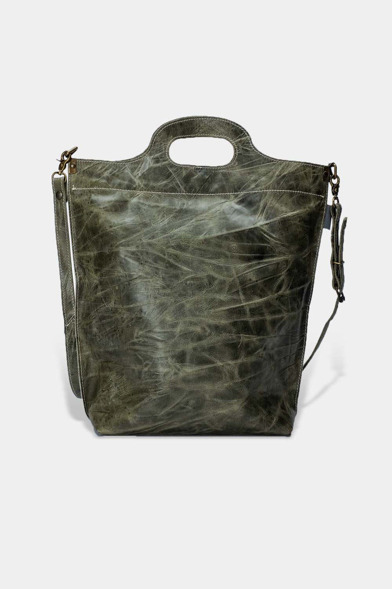 Handmade green leather tote bag back