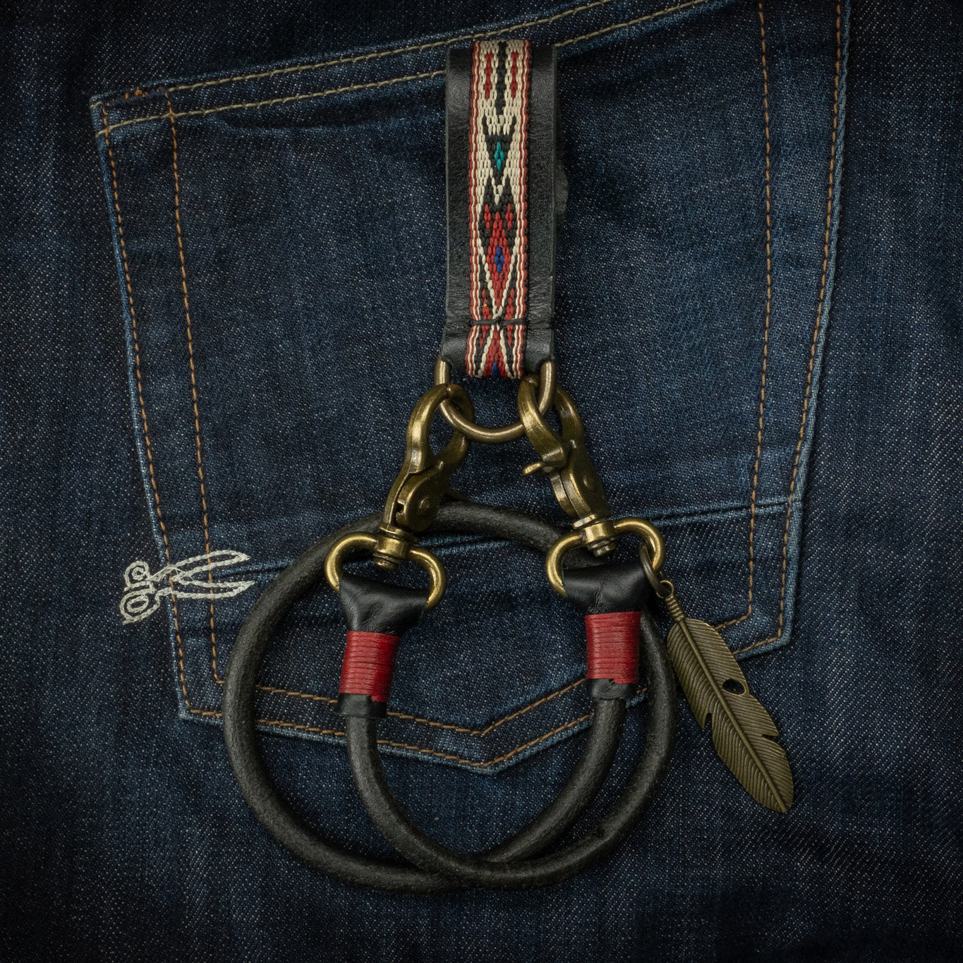 Belt loop with native webbing, black version including keychain on denim