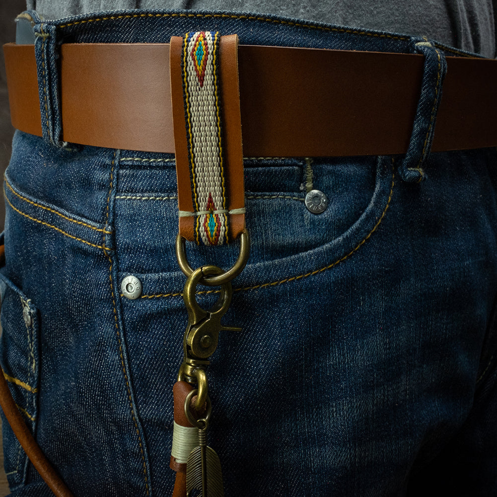 Belt loop with native webbing cognac version on cognac belt