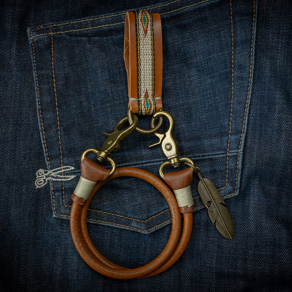 Belt loop with native webbing, cognac version including keychain on denim