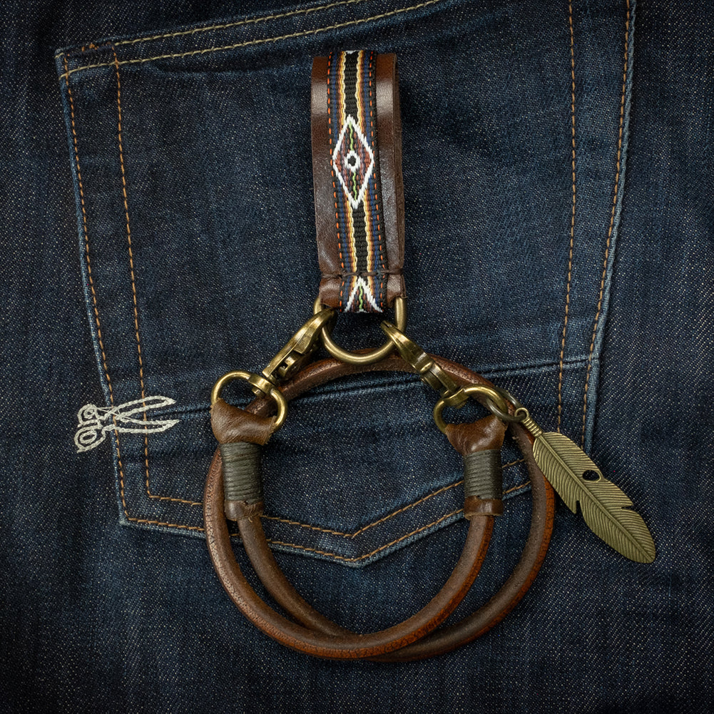 Belt loop with native webbing, dark brown version including keychain on denim