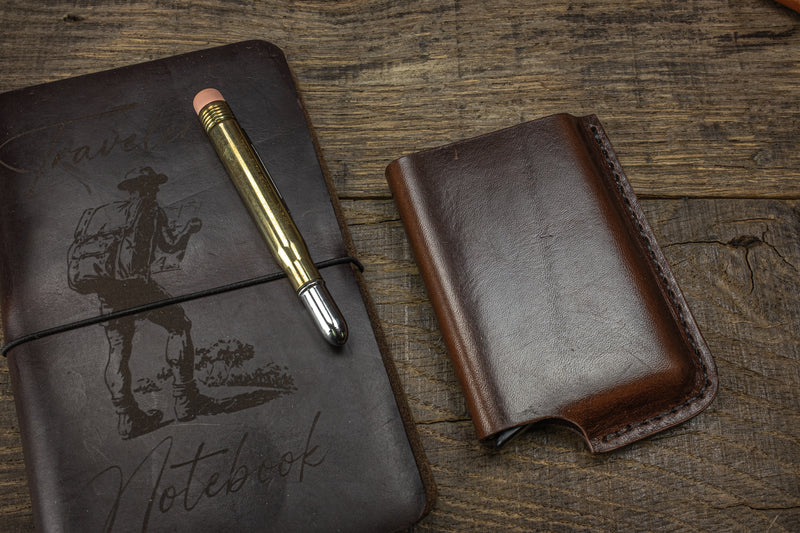 Card wallet, RFID safe with aluminum insert for 10 cards. notebook scene - Duke & Sons Leather